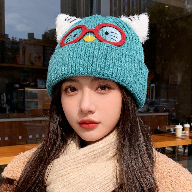 New Cute Glasses Cat Ears Hat for Women Autumn and Winter Warm Ear Protection Knitted Hat Showing Face Small Woolen Cold Hat