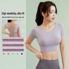 Women's Short Sleeve Yoga Crop Top with Chest Pads - Tight Fit Running and Fitness Vest