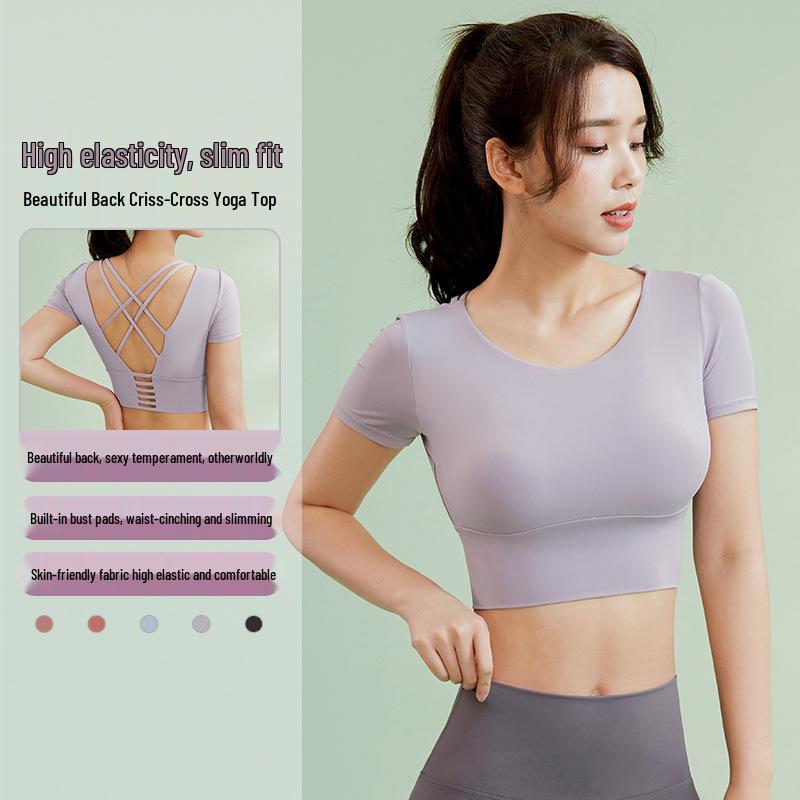Women's Short Sleeve Yoga Crop Top with Chest Pads - Tight Fit Running and Fitness Vest