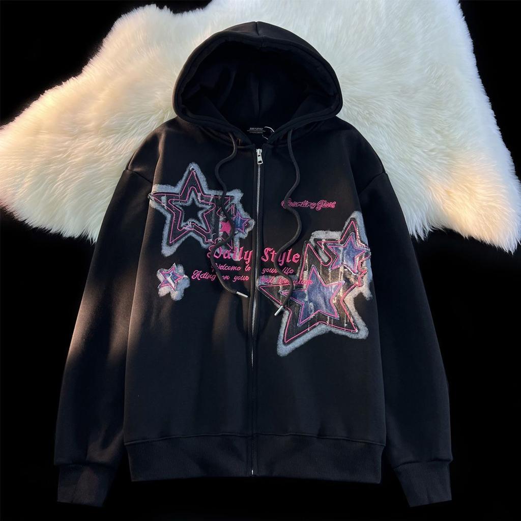 Aesthetic Star Print Cardigan Zip Up Sweatshirt Men Women Autumn Winter Loose Tide Brand Couple Hooded Zip Jacket Harajuku Y2k