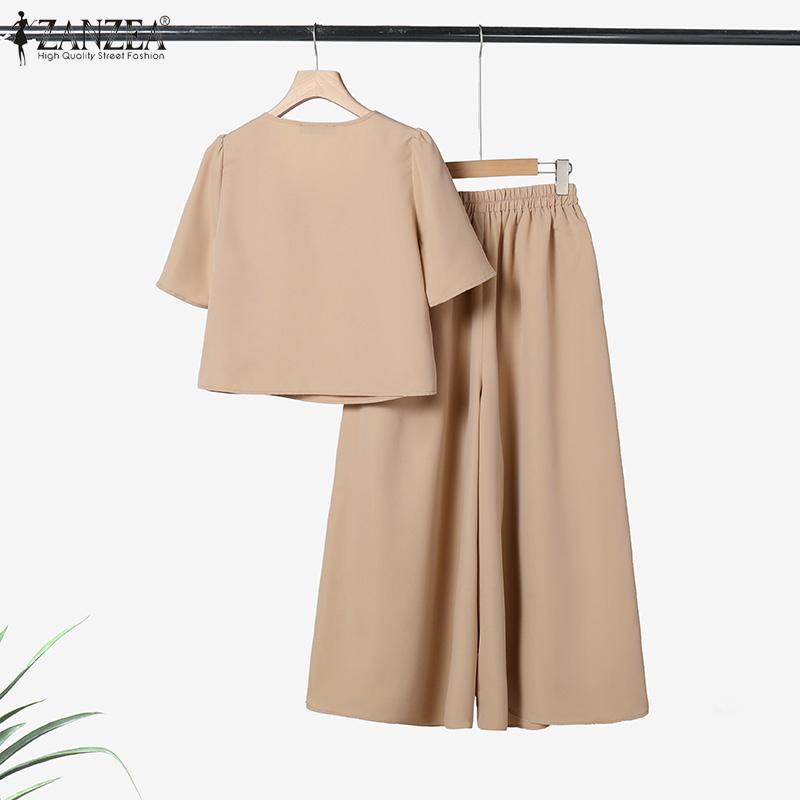 ZANZEA Women Short Sleeve Blouse and Wide Leg Pants Summer Two Piece Suit Sets