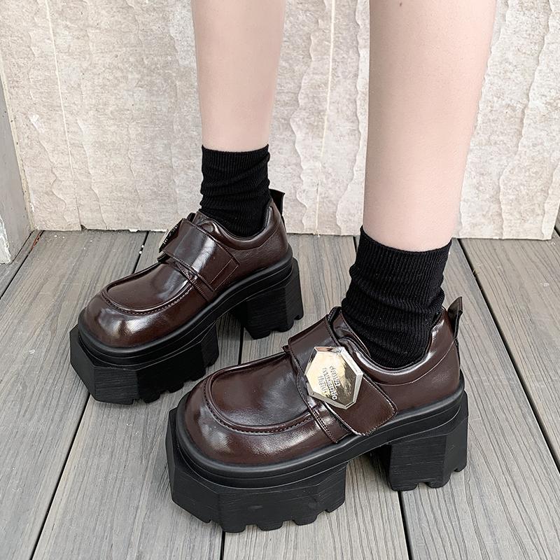 Fashion 2025 Women's High Platform Leather Shoes New Spring 9CM Heels Chunky Sneakers Female Lace-up Metal Loafers Walking Shoes Woman