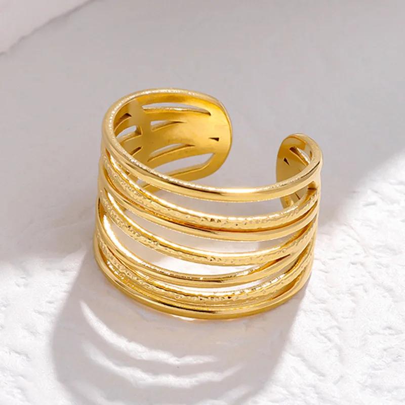 Personality Multilayer Line Opening Wide Rings for Women Men Charm Stainless Steel Hip Hop Rock Finger Jewelry Accessories Gift