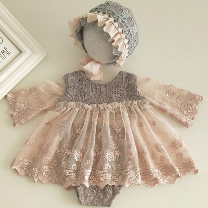 Baby Photography Props Lace Jumpsuits Bonnet Hat Newborns Photo Props Photoshoots Headwear Infant Photo Posing Outfit