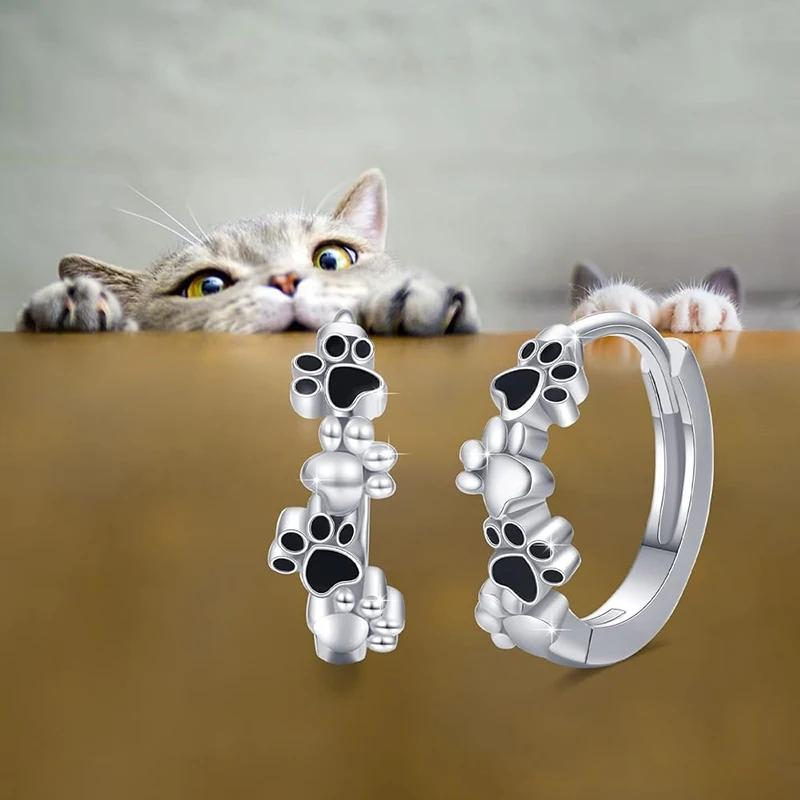 Dainty Pet's Paw Hoop Earrings for Women Girls Black Footprints Design Small Circle Earrings Exquisite Female Jewelry
