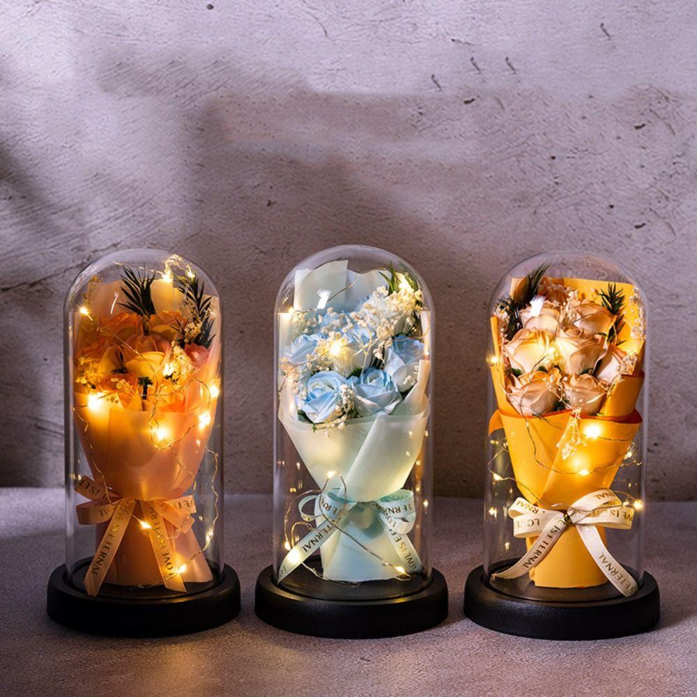 Acrylic Dome Rose Eternal Flowers LED Light Simulation Flower Decor Starry Sky Bouquet Gift
