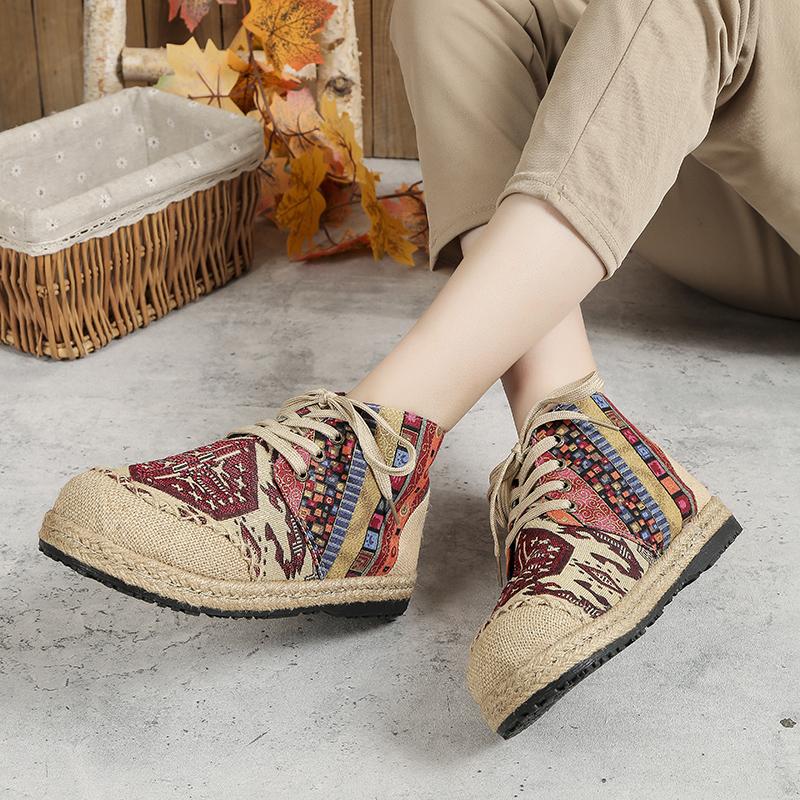 Veowalk High Top Cotton Embroidered Women Casual Linen Flat Shoes Handmade Lace Up Thick Hemp Soled Canvas Sneakers Zapato Mujer
