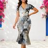 Women Plus Size V Neck Short Sleeve Gray Geometric Printed Fitted Fishtail Dress