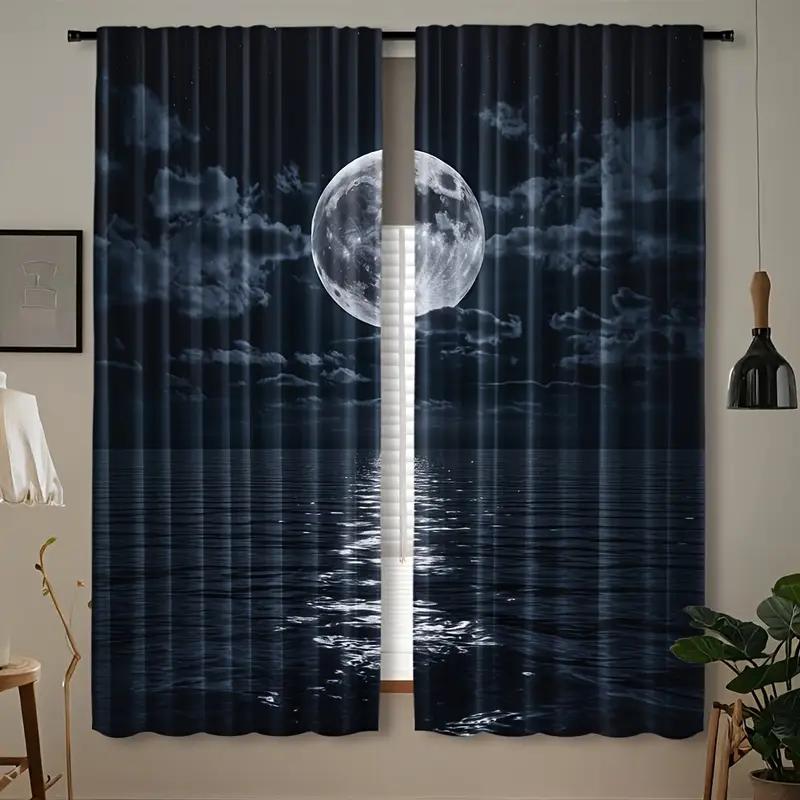 2pcs Serene Moonlit Sea Printed Curtains, Designed for Light Filtering, Quality Material, Ideal for Nature-Themed Home Window De