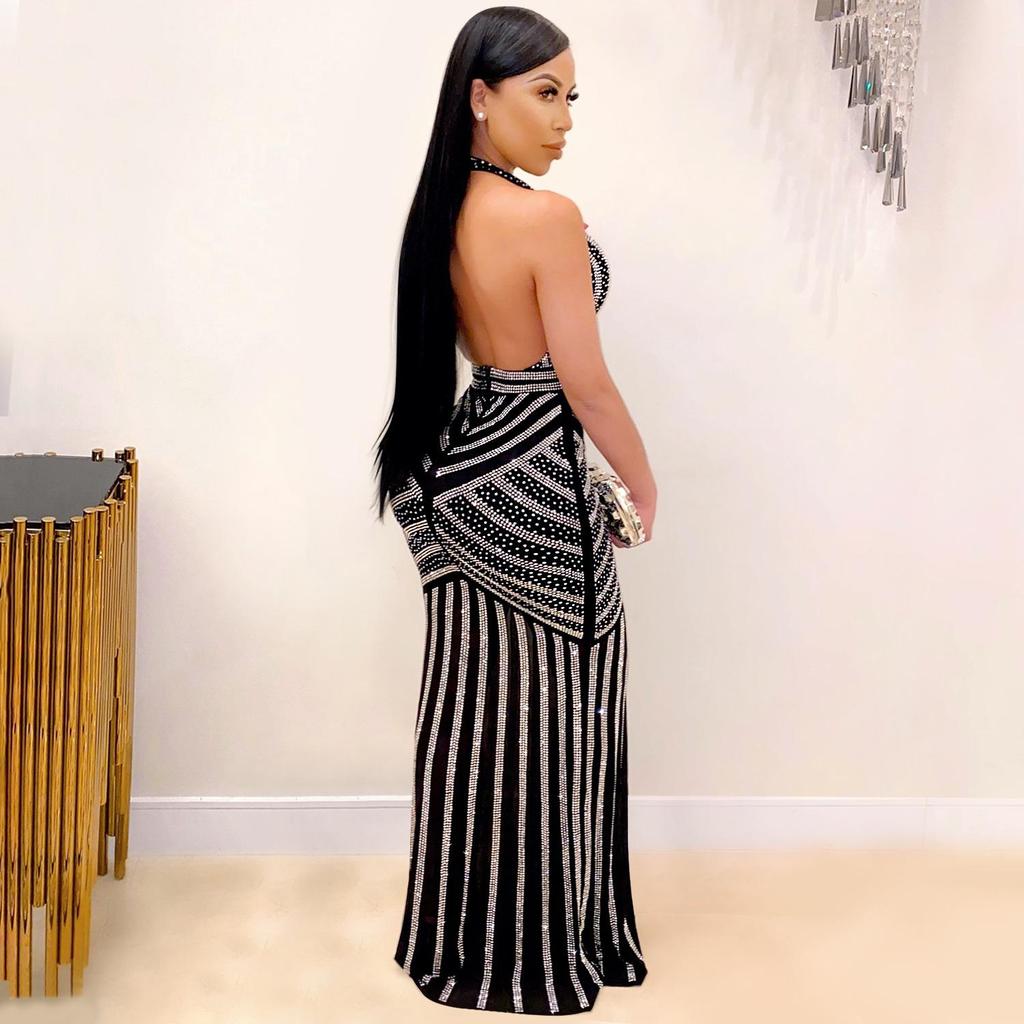 X3816 European Fashion Sexy Deep V Backless Rhinestone Long Nightclub Dress
