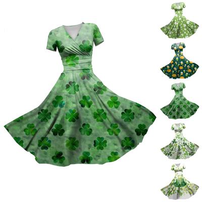 Ladies Princess Dress Sexy V-neck St. Patrick's Day Printed Waist Pulled Ruffle Short Sleeve Dress