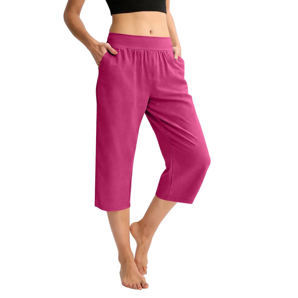 Women Elastic High Waist 3/4 Pant Casual Fit Wide Capris Leg Pants Trousers With Pockets