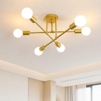 Sputnik Ceiling Light, 6 Lights Vintage Gold Flush Ceiling Lamp, Adjustable Modern Chandelier Ceiling Light for Living Room Bedroom Kitchen Hallway