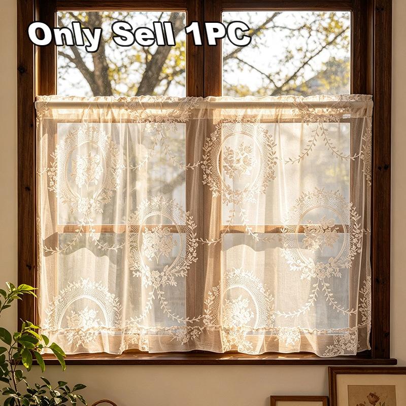 1 stuks Franse Kant Gordijn Deur Gordijn, Transparant Sfeer Keuken Kort Gordijn, Geen Boor Half Gordijn voor Balkon Raam W140xH60cm&Rod pocket&1 panel
