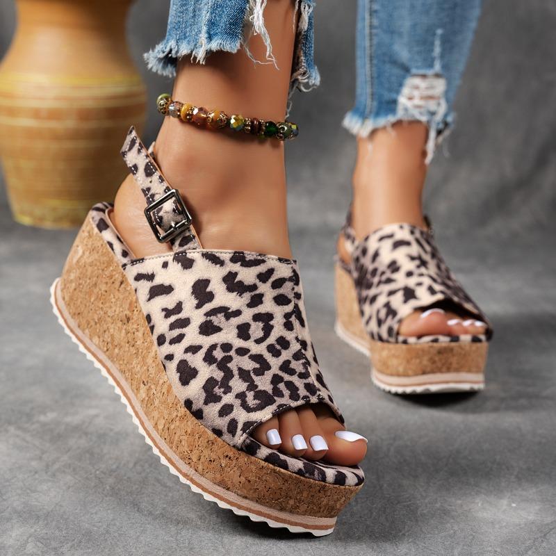 Leopard Wedges Sandals Women's Platform Shoes Summer Slippers 2025 Beach Walking Ankle Strap Pumps Zapatos De Mujer