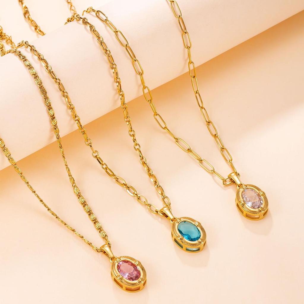 Natural Stone Zirconium Stainless Steel Necklace - Women's French Retro Clavicle Chain