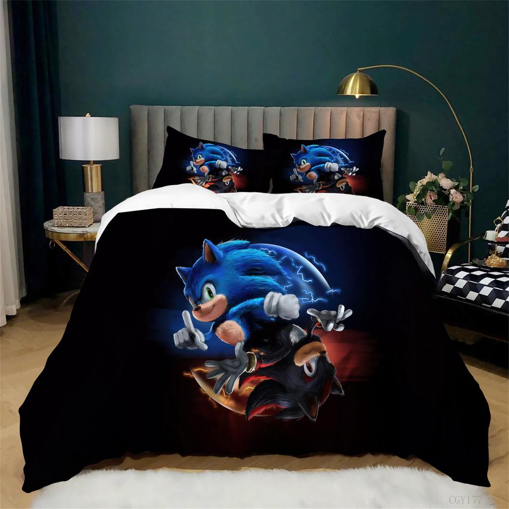 Movie Cartoon Sonic Duvet Cover Set 3 Pieces Bedding Set for Kids Soft Comfortable Quilt Cover with Pillowshams