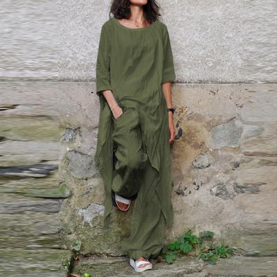 Women's Fashion Spring Summer Cotton Solid Color Set Asymmetric Short Sleeve Top Pants Set