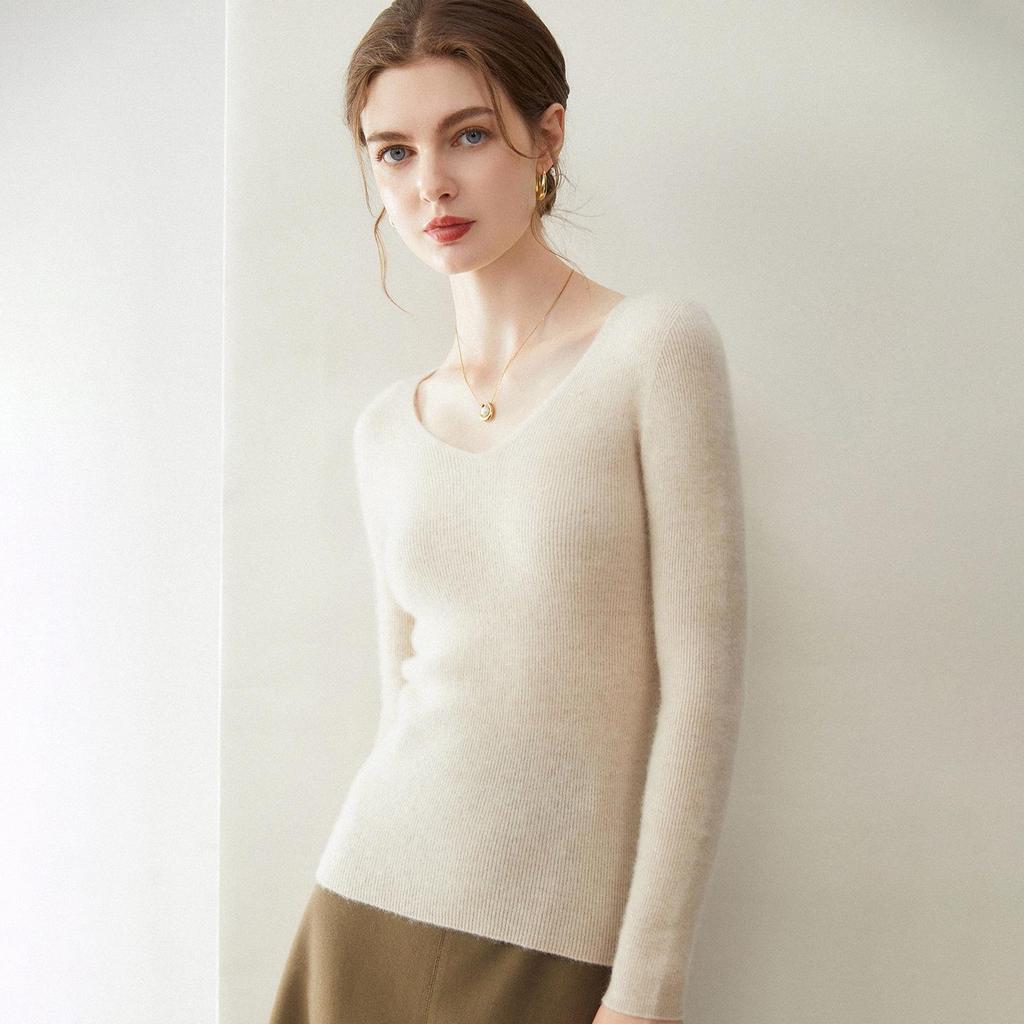 Women's Slim Fit V-Neck Crew Neck Sweater, 100% Pure Cashmere, Autumn/Winter Knit Base Layer Sweater