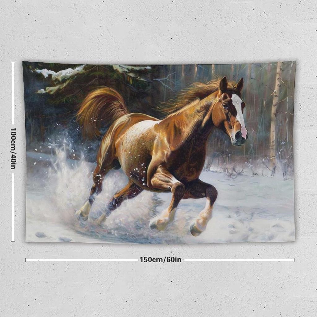 Tapestry Wall Art Aesthetic Animals Snowfield Brown Horse Galloping Tapestry Wall Hanging Wall Decor for Bedroom Living Room
