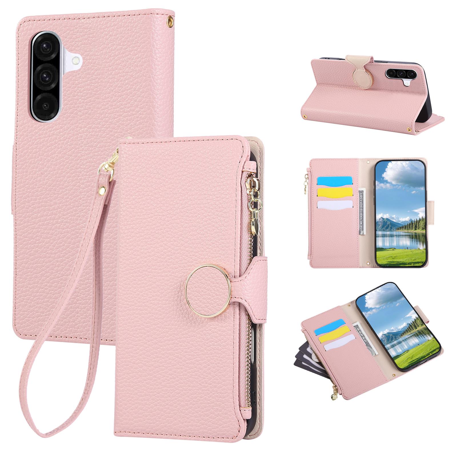 

For Samsung Galaxy A55 5G Case Zipper Wallet Leather Phone Cover with Wrist Strap Pink