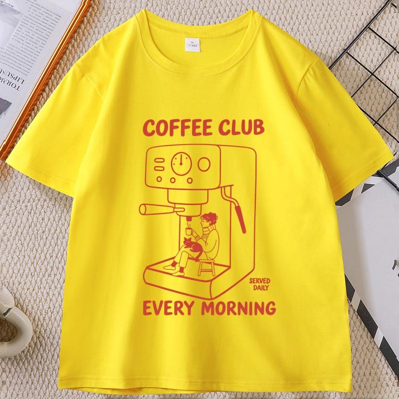 Coffee Club Every Morning Graphic T Shirt Espresso Machine Cozy Coffee Lover Tee Shirt Casual Cotton Short Sleeve Streetwear