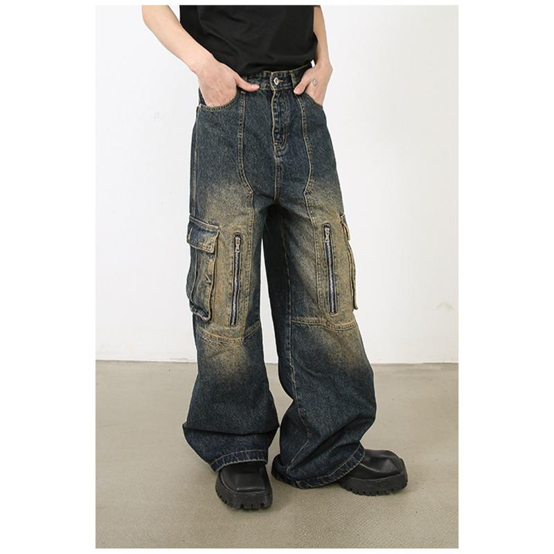 Long Trousers Versatile Washed Multi-pocket Design Sense of Work Jeans Men Senior Sense Pants
