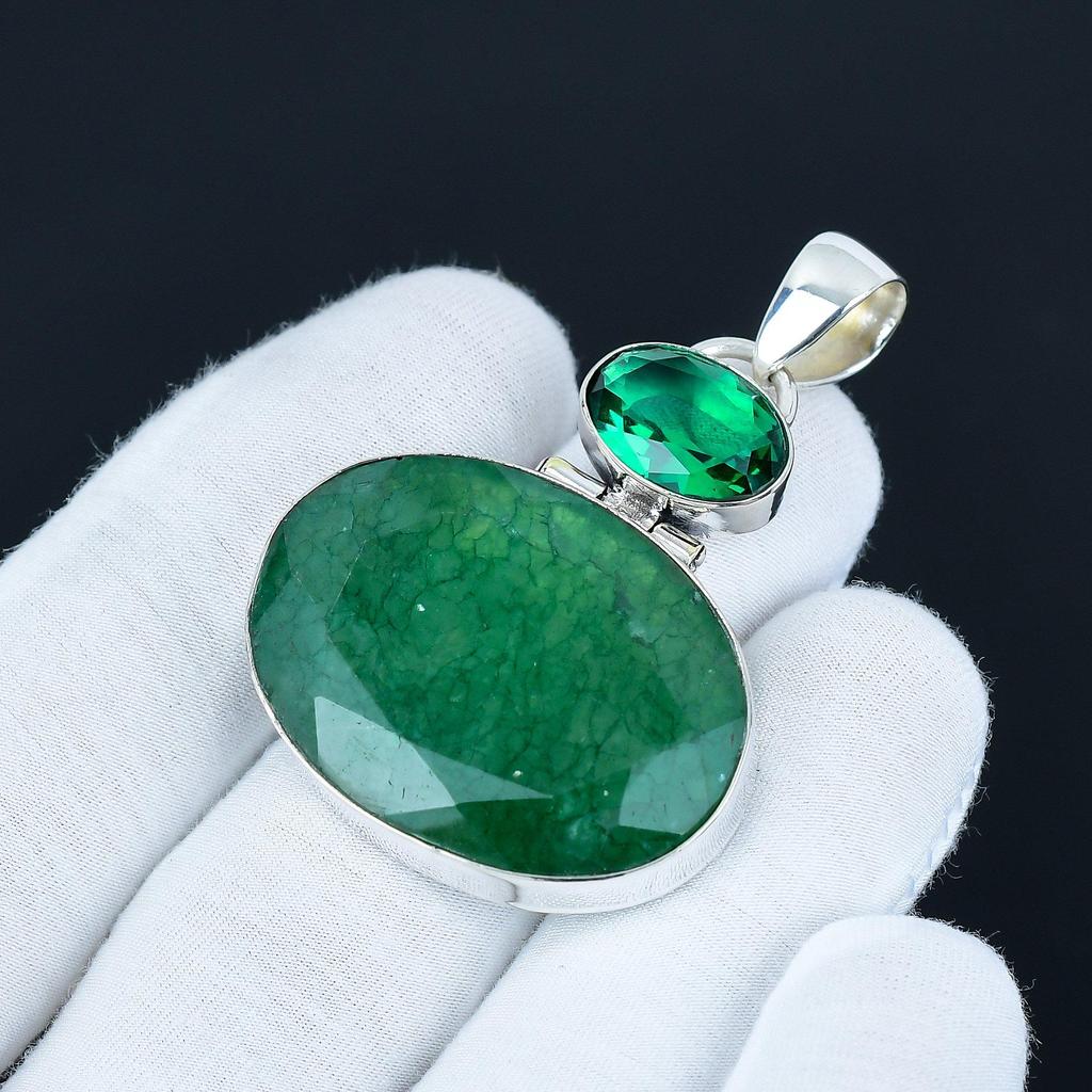 Antique Emerald Gemstone Pendant, 925 Sterling Silver Jewelry, Silver Pendant, Everyday Wear Jewelry, Necklace Pendant For Birthday Gifts