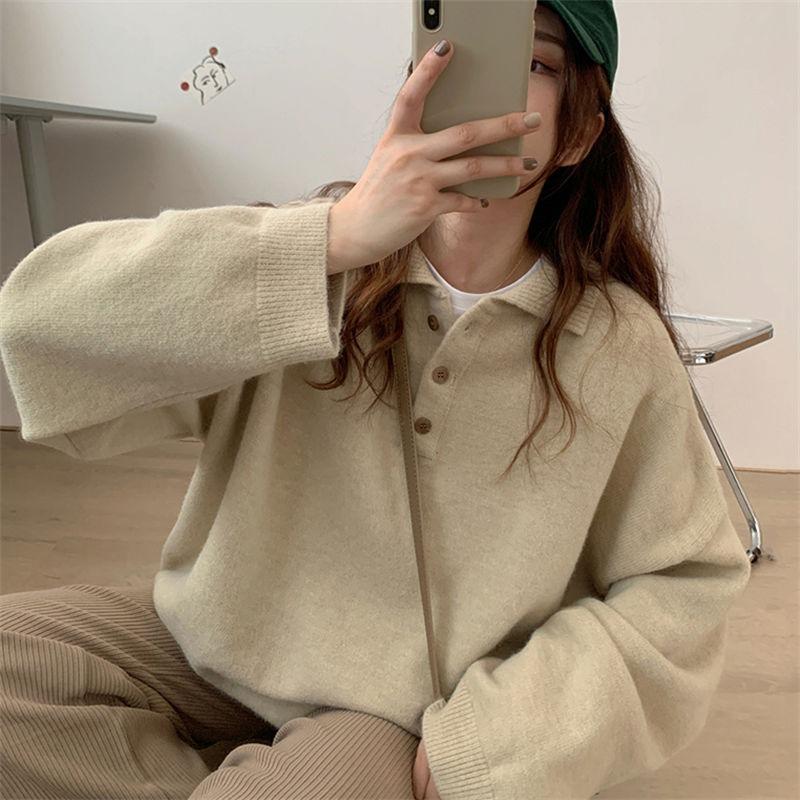 College style loose sweater wearing versatile long-sleeved pullover polo lapel button-knitted bottoming shirt top