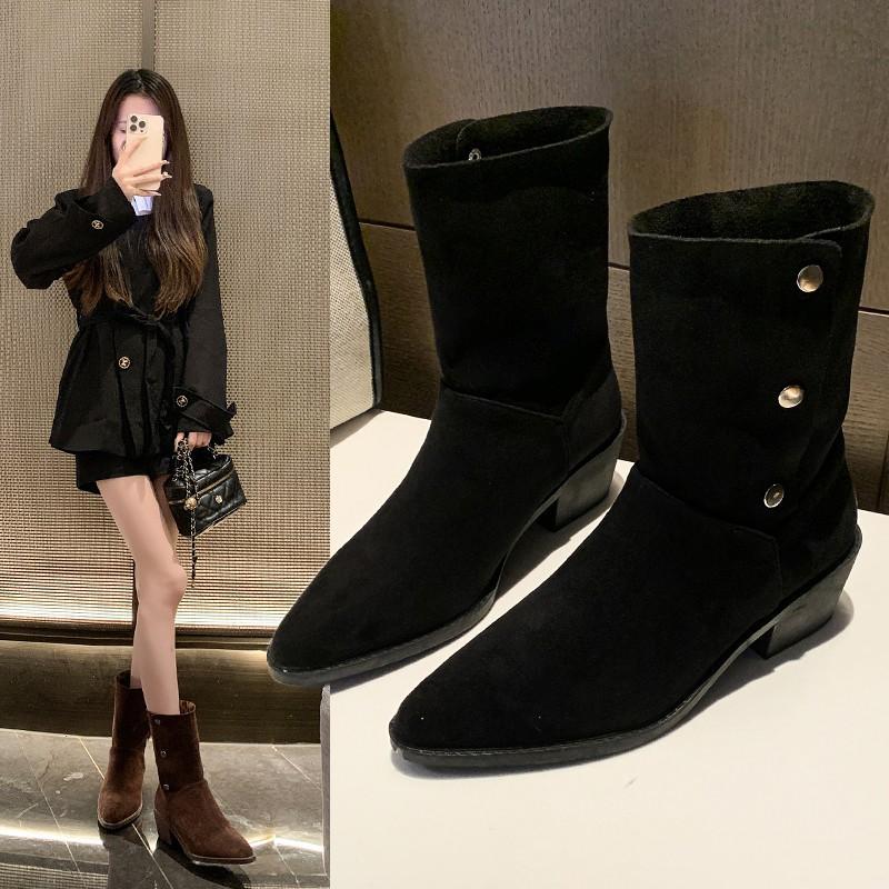 Short Boots Women's Thick Heel French Niche Folded Western Short Boots Women's 2025 Autumn and Winter Pointed Thick Heel Thin Fashion Boots