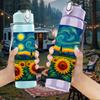 1PC Van Gogh Sunflower Starry Night 750ml Color Plastic Sports Water Bottle Leakproof Flip Straw Lid Suitable for Sports Office Home Use