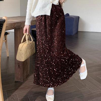 Yousheng Women Skirt Solid Color Shiny Sequin Decoration Midi Skirt Elastic High Waist Back Slit Design Skirt Beach Weddings Skirt