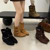 Short Boots Women's Boots Inner Height Increase 2025 Autumn and Winter New European Beautiful Women's Boots Flat-bottomed Suede Short Boots Pointed Th