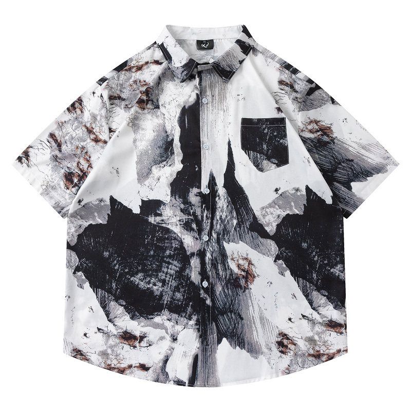 51 Hip Hop Oil Painting Stylish Retro Summer Half Sleeve Shirt Men's Niche Style Hiphop Trendy Lazy Short Sleeve Shirt