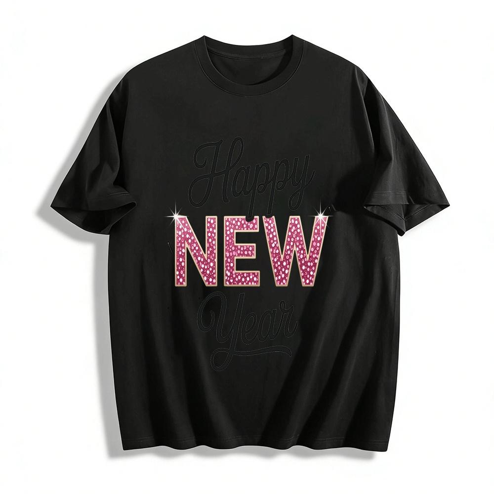 

Sparkly Pink Glitter NEW YEAR Graphic Print Casual Top Pure cotton T-shirt XXS