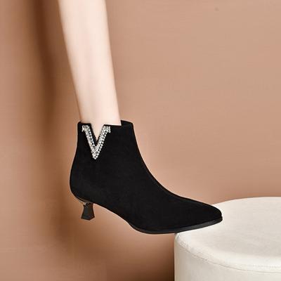 Bottines pointues pour femmes automne et hiver nouvelles bottines à talons fins strass bottines noires en peau de mouton chat et bottes de mode pour femmes