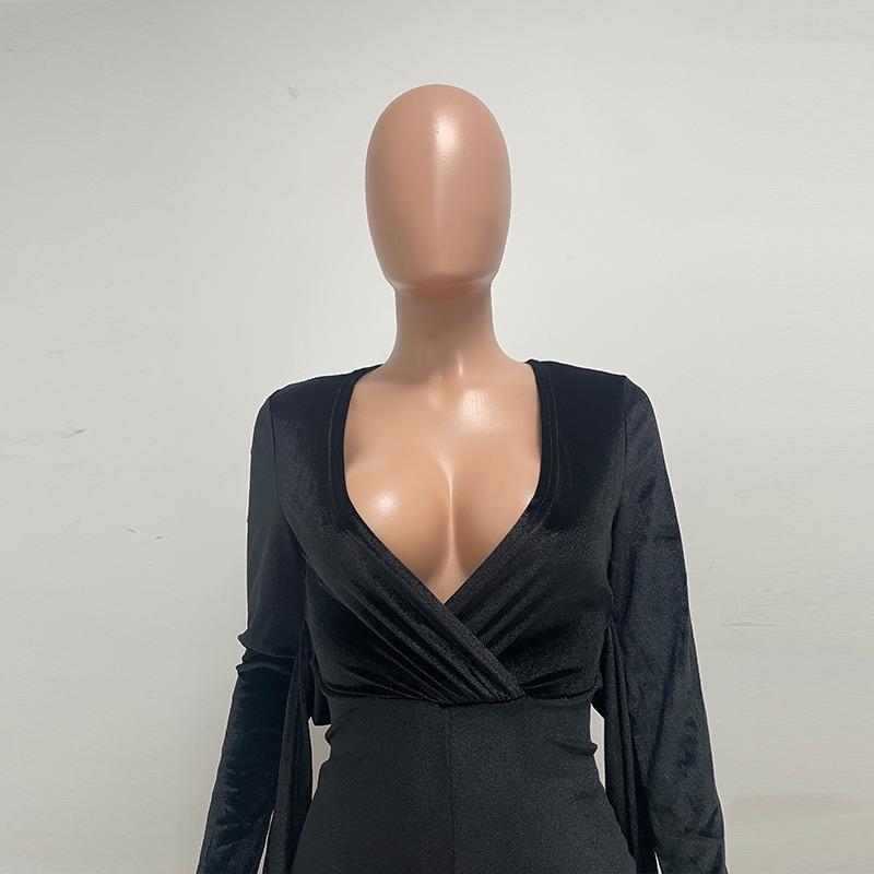 Women's Solid Color Deep V Long Sleeve High Waist Wide Leg Jumpsuit