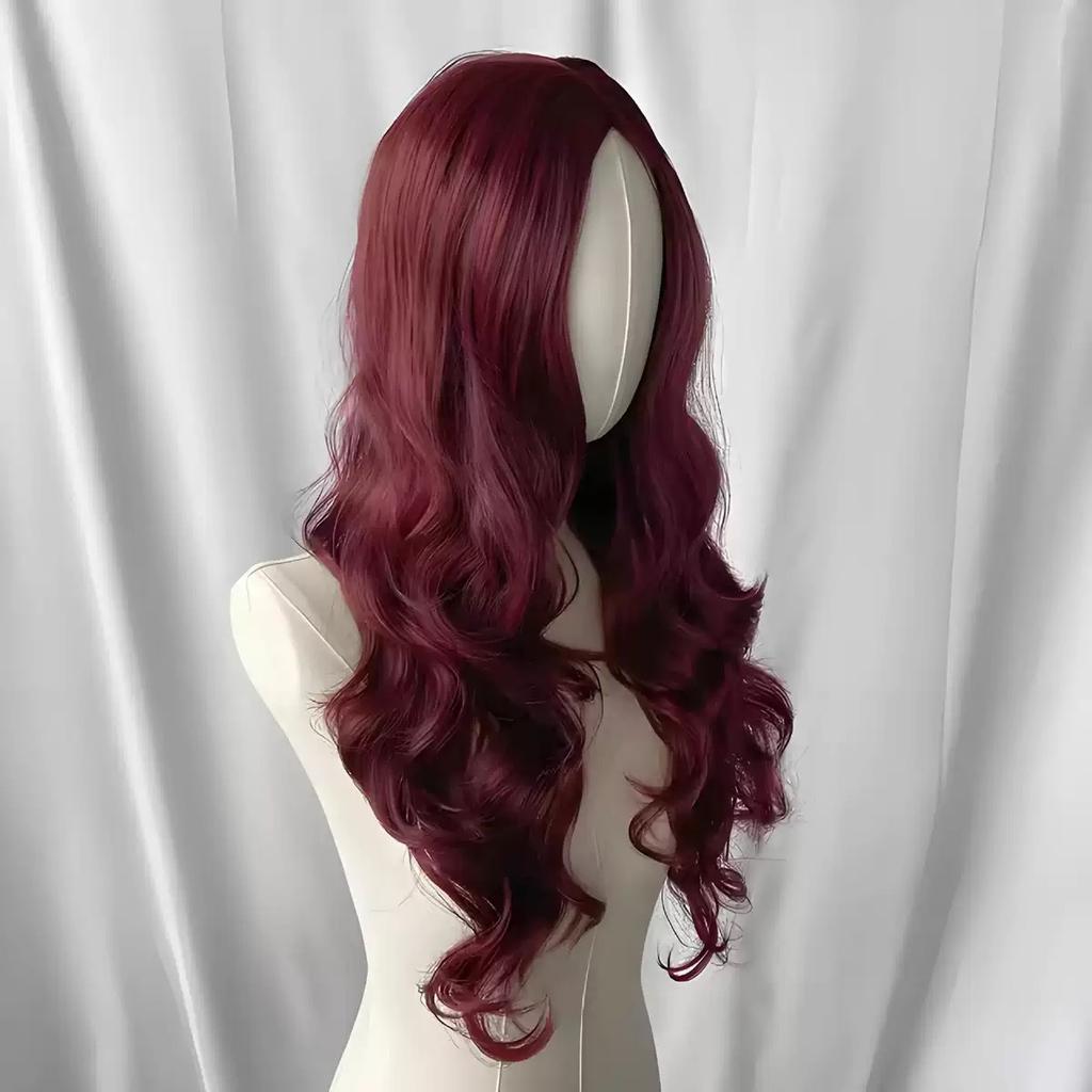 European and American burgundy medium long curly hair wig full head hair chemical fiber big wave headgear