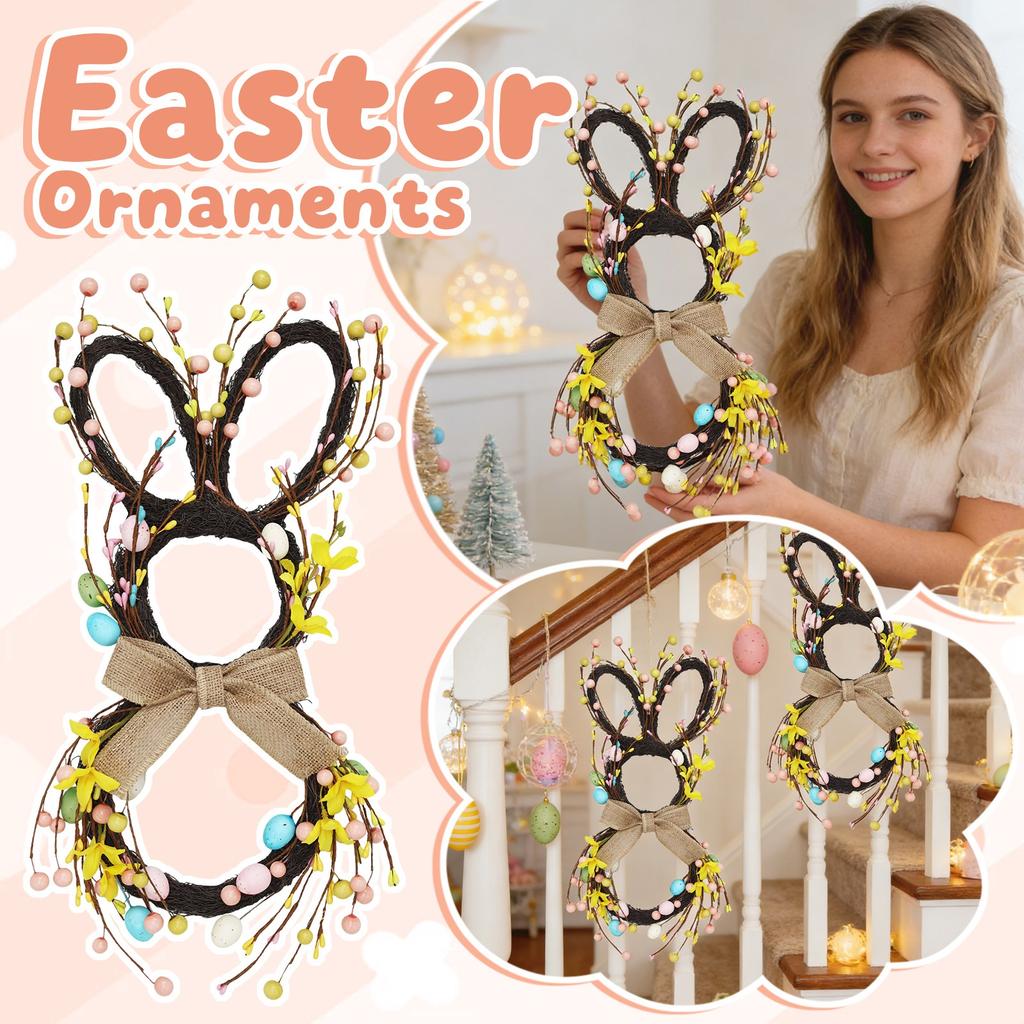 50*25cm Easter Bunny Wreath With Flowers, Bunny Shaped Pendant, Front Door Decoration