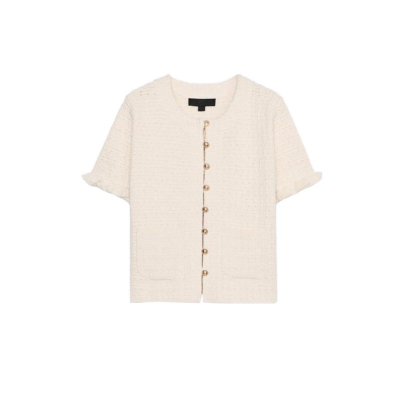 Spring and Summer New Women's Clothing French Classic Style Laminated Decoration round Neck Short Sleeve Knitting Outwear 4192041