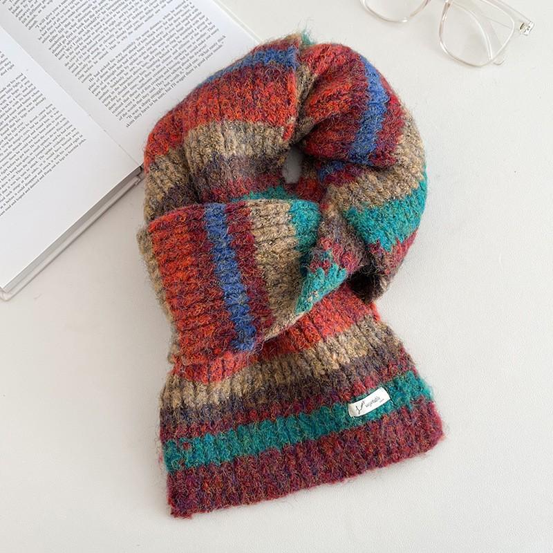 Soft Knitted Scarf Women Winter Warm Thick Striped Infinity Loop Vintage Color Block Style