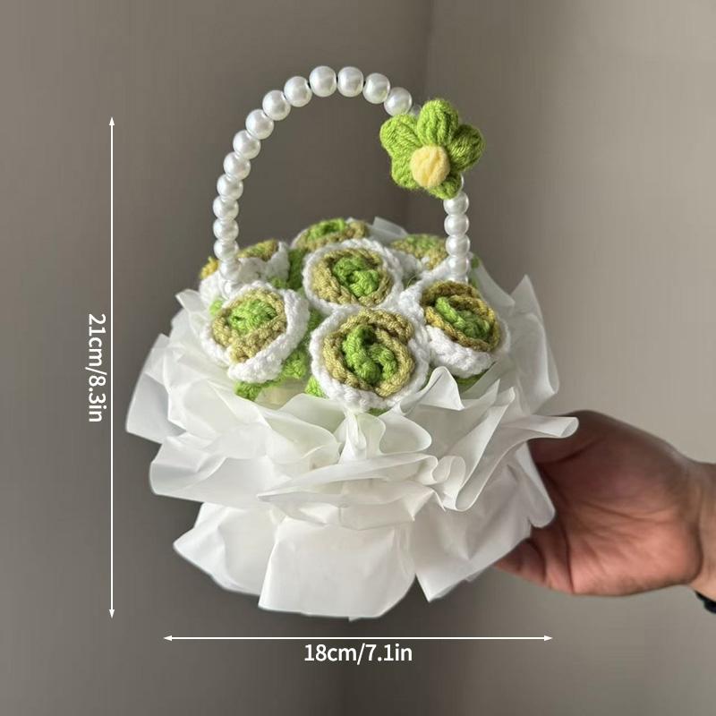 Crochet Rose Bouquet Handmade Knitted Sunflower Basketed For Graduation Mothers Day Birthday Wedding Gift Home Office Desk Decor