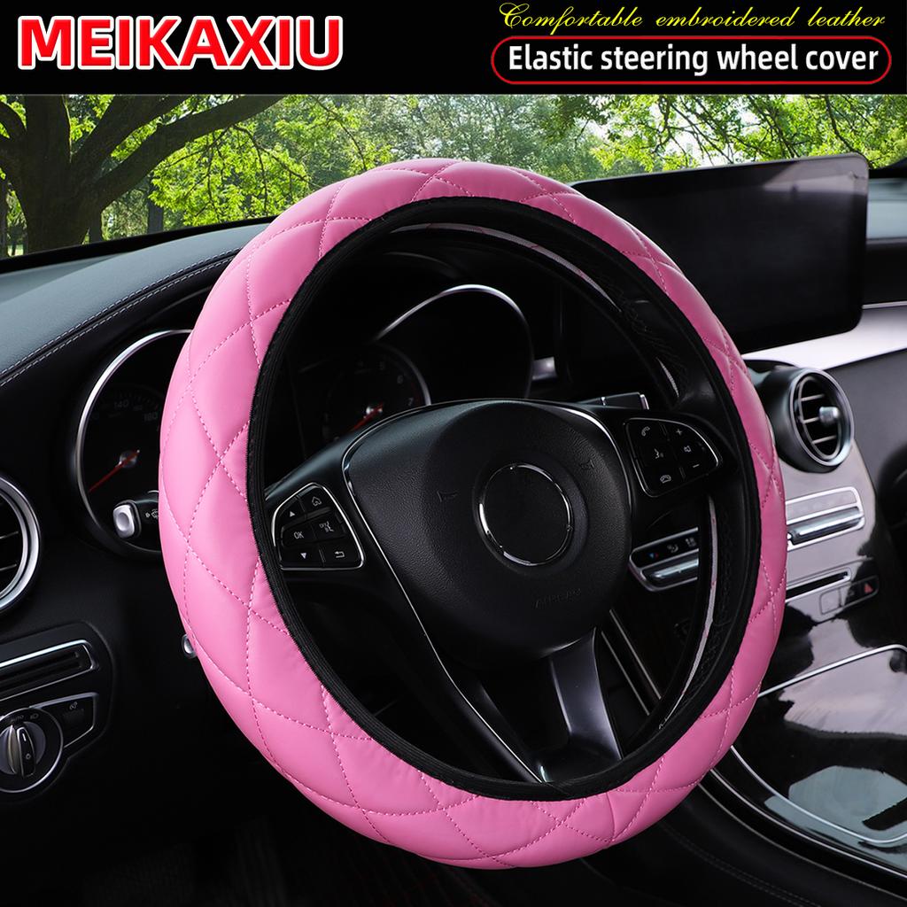 1 artificial comfort fine grained soft PU leather embroidered three-dimensional stretch car steering wheel cover for 14.5-15 in