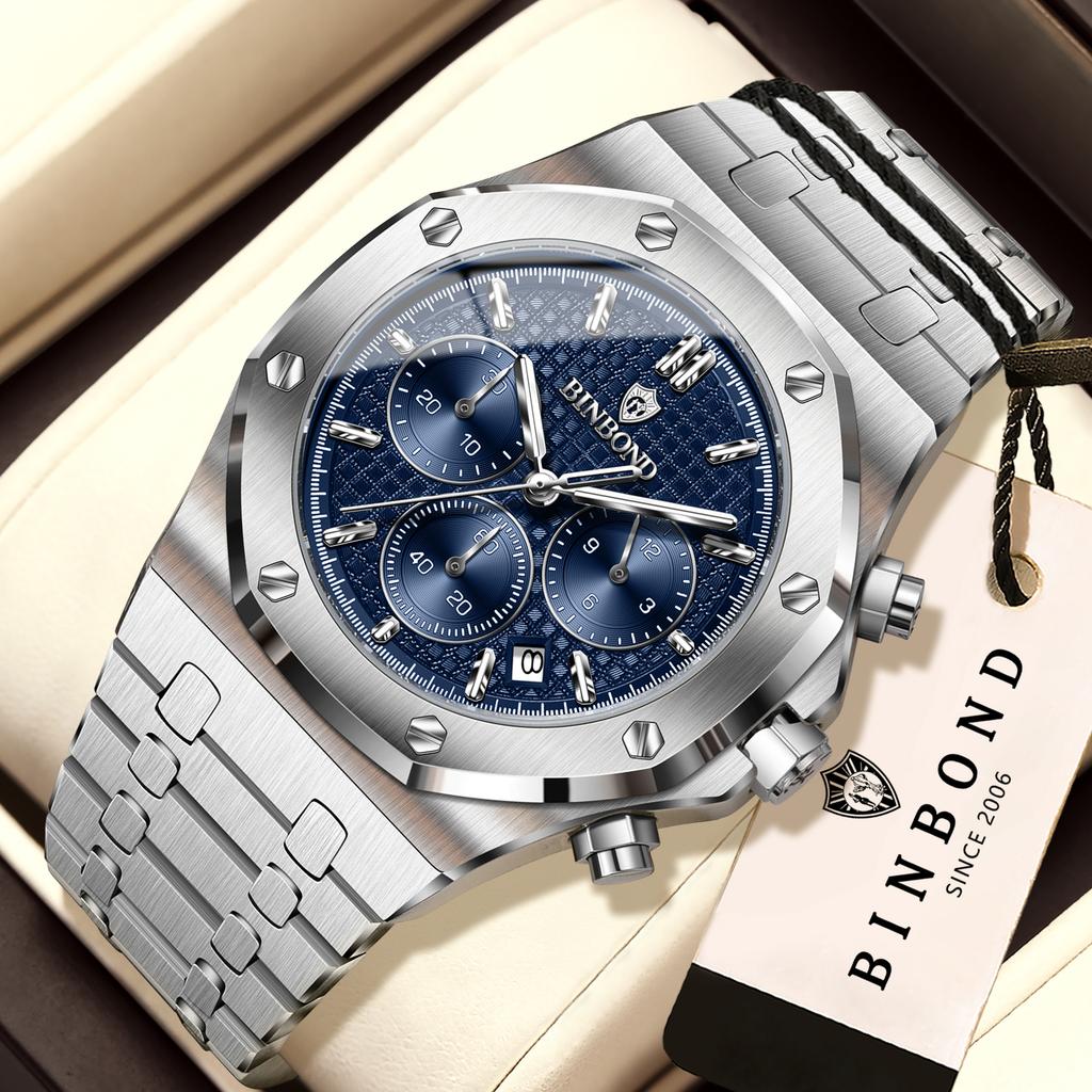 Mens Chronograph Wrist Watch Stainless Steel Band Analog Quartz Watches Waterproof Luminous Calendar Multi‑Dial Business Casual Watch for Men