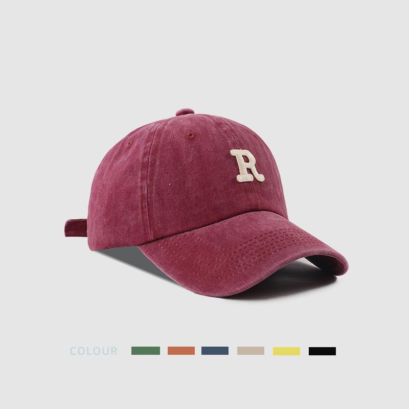 Fashion Solid Color Baseball Hat for Men Women R-Letter Washed Cotton Sunshade Duck Tongue Cap Unisex Adjustable Peaked Hat