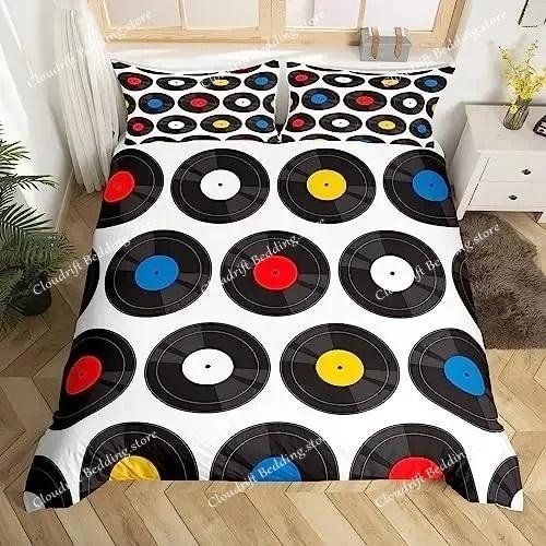 Musical Bedding Set Queen Size Music Theme Bedding Duvet Cover Set for Boys Decor Disc Comforter Cover Set Record Quilt Cover