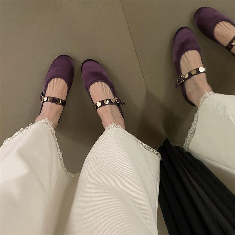 IPPEUM Ballet Flats Women Purple Satin Round Toe Mary Jane Shoes Buckle Silver Ballerina Flats