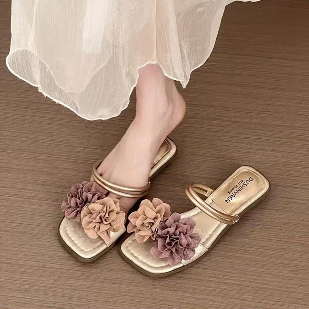 2025 summer Korean version of the national style flower green slippers purchase fashion flat bottom with two sandals