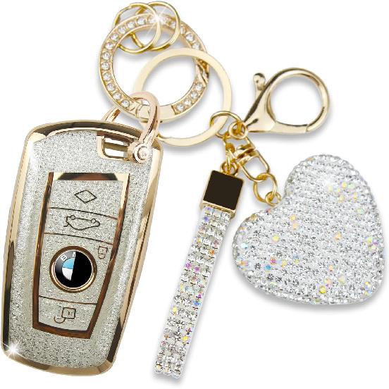 Key Fob Cover with Diamond Keychain, Car Key Shell for Women, Compatible with BMW X1 X3 X4 X5 X6 1 2 4 5 6 7 M3 M5 M6 GT3 GT5 G30 F10 F15 F16 F20