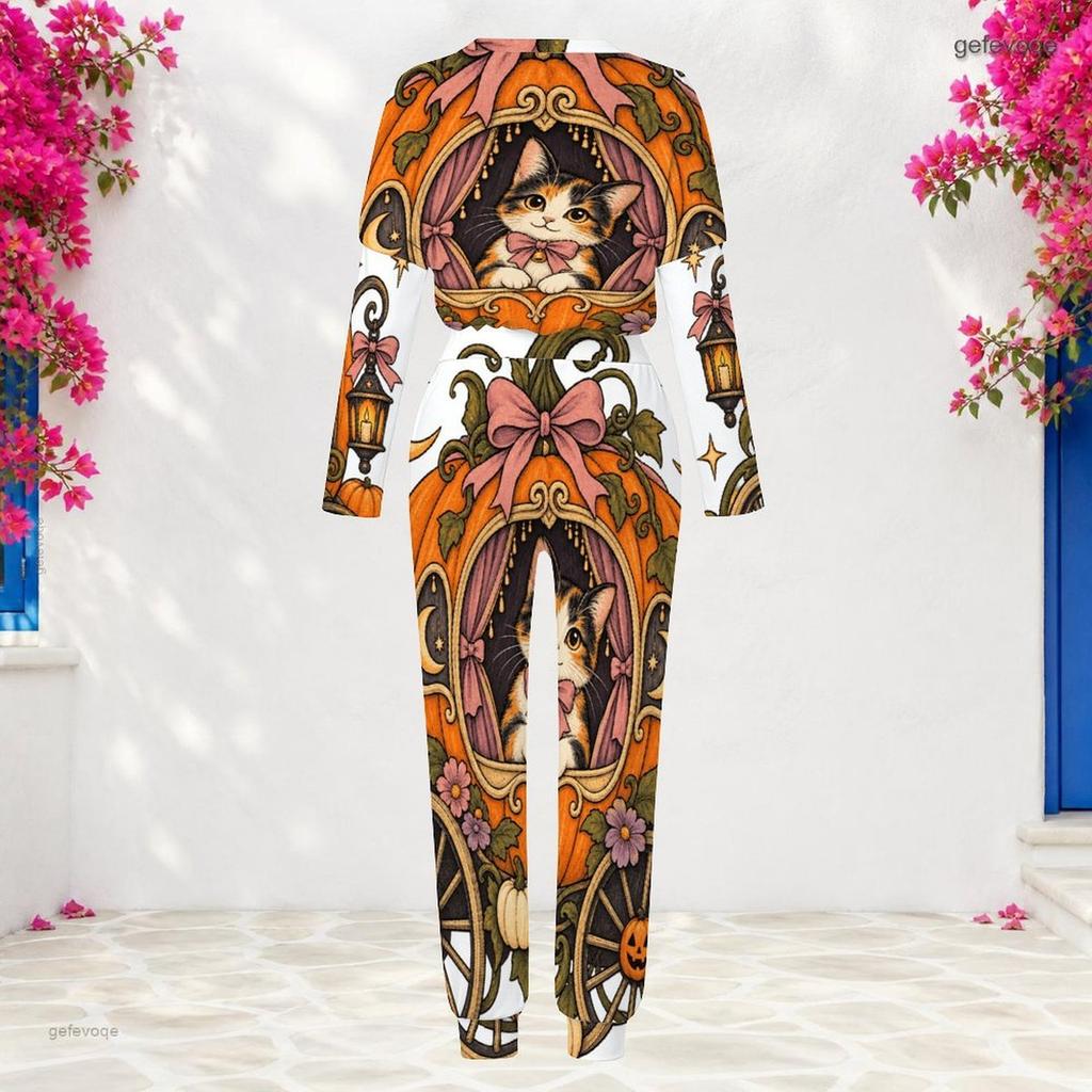 Women Plus Size Round Neck Long Sleeve Cat Printed Cuffed Top And Pants Two Piece Set